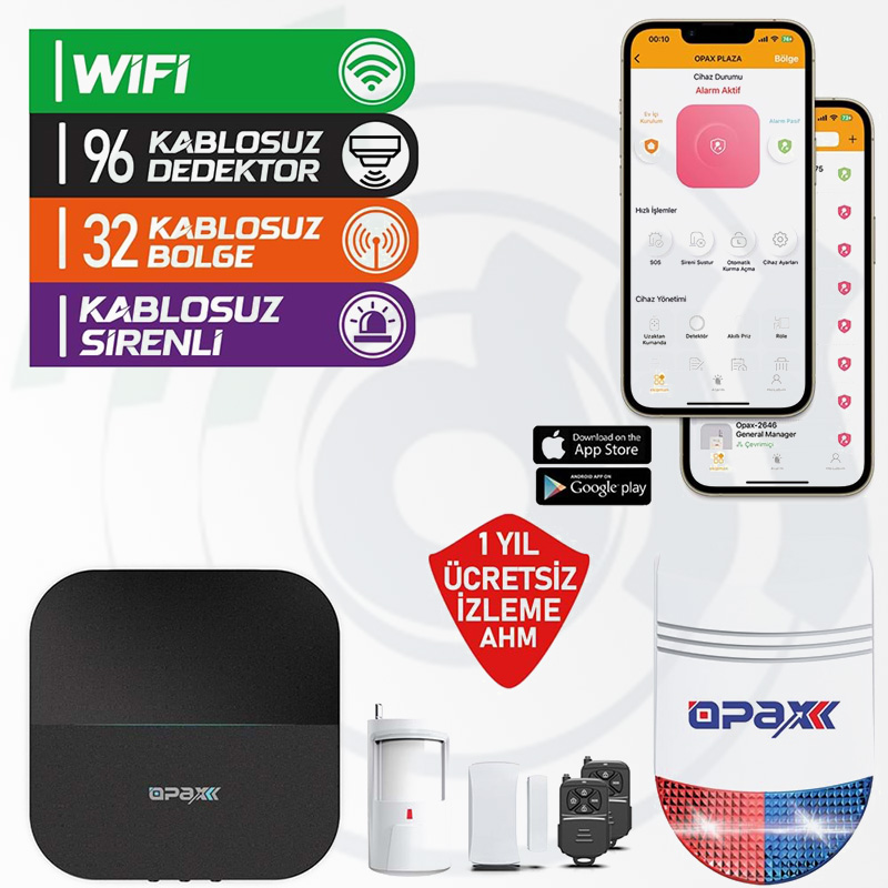 OPAX-W20-W +BGR-O9 SADECE WIFI & BGR-09 KABLOSUZ SİRENLİ ALARM SİSTEMİ (1 YIL AHM ÜCRETSİZ)